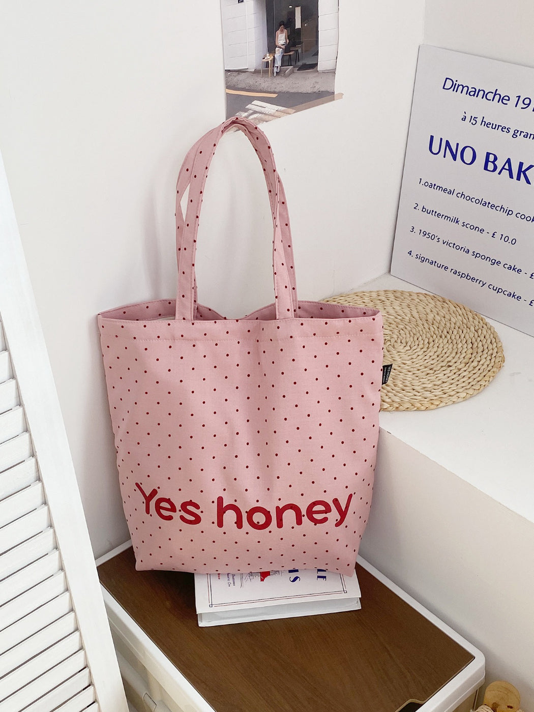 Close-up of black and white dot print fabric on Cosbai graphic tote bag