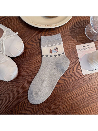 Rufia - Cute Cartoon Dog and Bear Embroidered Crew Socks