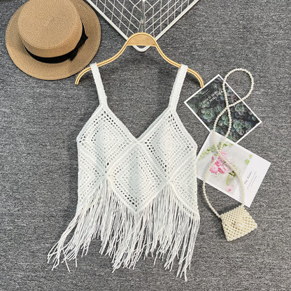Crosa Checkered Bohemian Tassel Camisole Tank Top accessory detail view