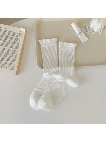 Side view of Rufia Everyday Ruffle Cuff Crew Socks showing ribbed texture