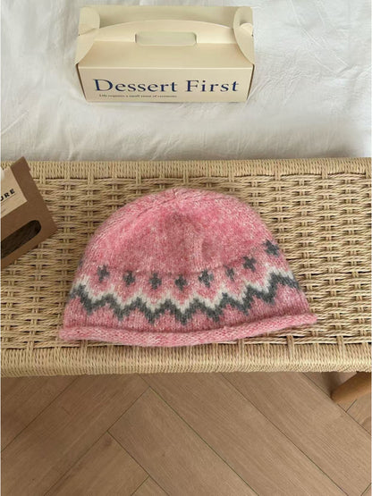 Haila - Geometric Knit Bucket Hat with Rolled Brim