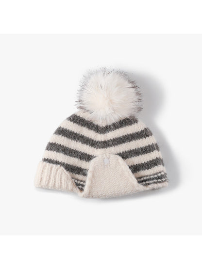 Haila - Striped Pom Ear Flap Knit Winter Hat