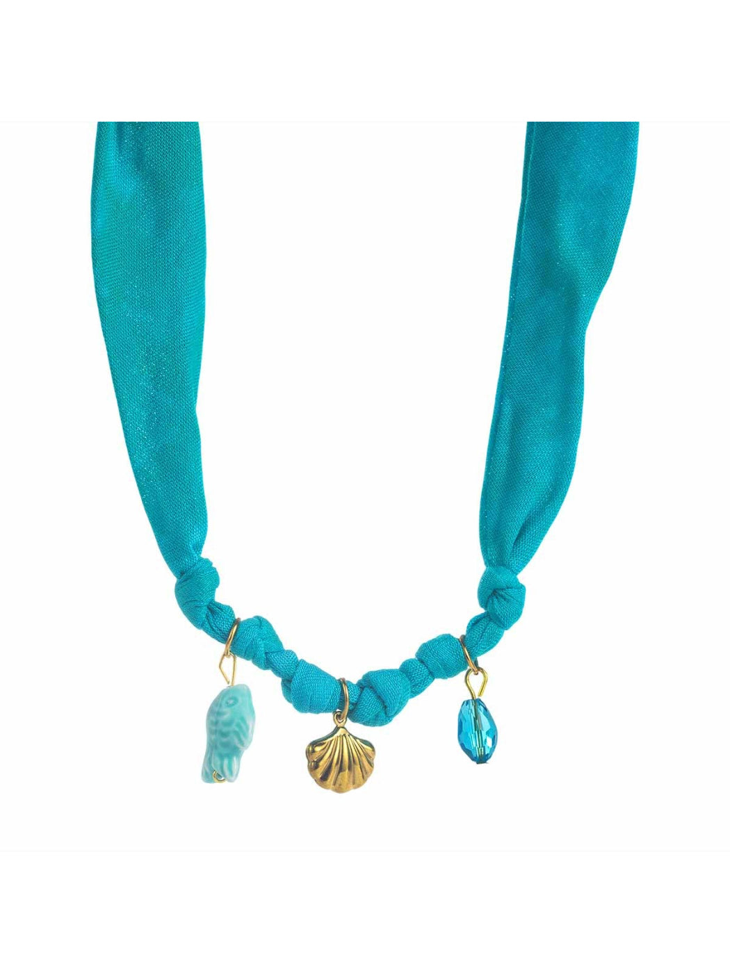 Detailed shot of colorful beads and summer-themed charms on Neckit fabric necklace