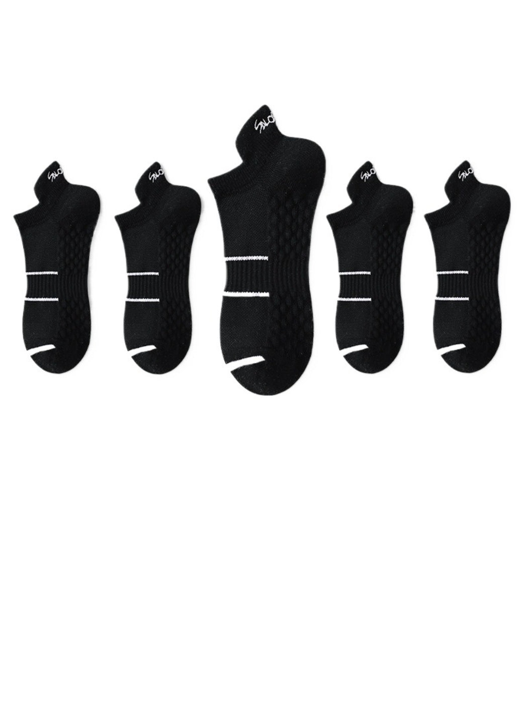 Top view of Rufia stripe detail athletic low socks on white background