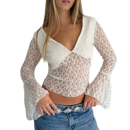 Crosa - Sheer Lace Bell-Sleeve Top Small  - Pure & Sexy