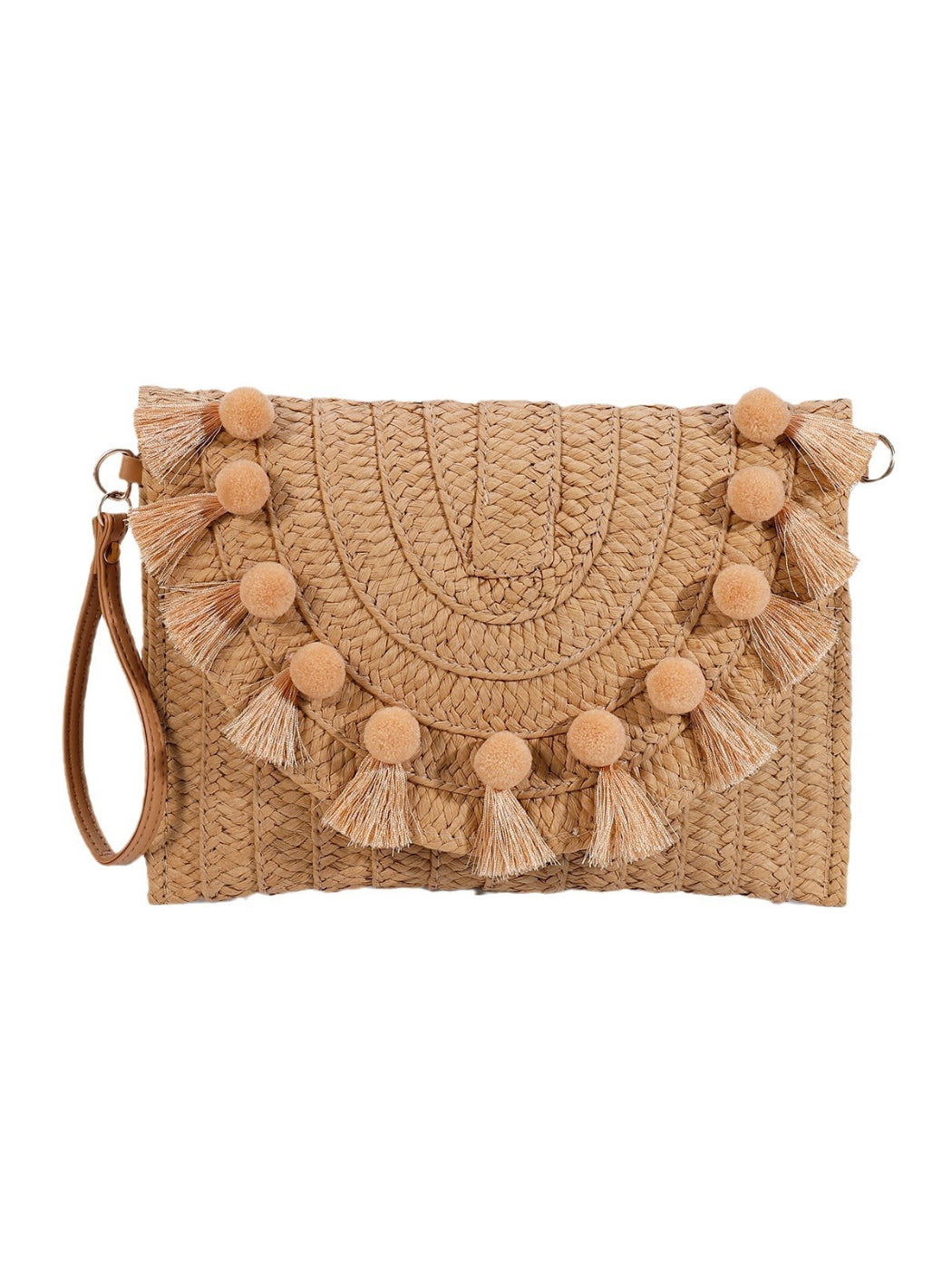 Cosbai woven tassel clutch bag with beige and brown pattern on white background
