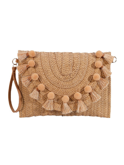Cosbai woven tassel clutch bag with beige and brown pattern on white background