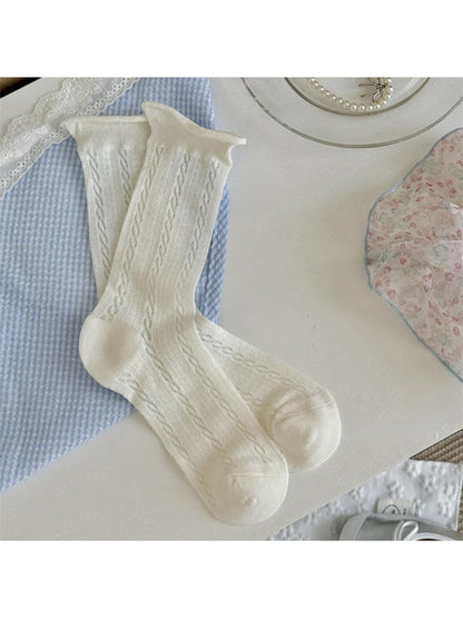 Rufia - White Rolled Cuff Decorative Crew Socks