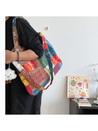 Cosbai patchwork tote bag styled with casual outfit, featuring cloud charm detail