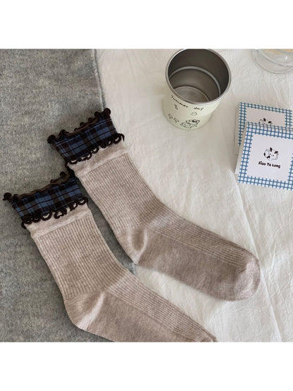 Rufia - Plaid Ruffle Cuff Crew Socks