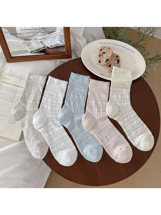 Rufia - Flower Shaped Button Accent Solid Color Crew Socks