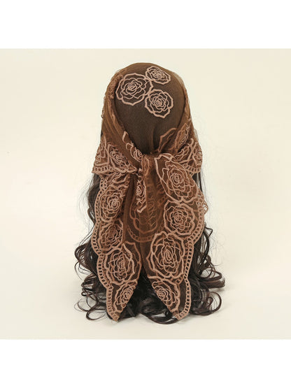 Scarvii - Rose Embroidered Lace Detail Square Scarf