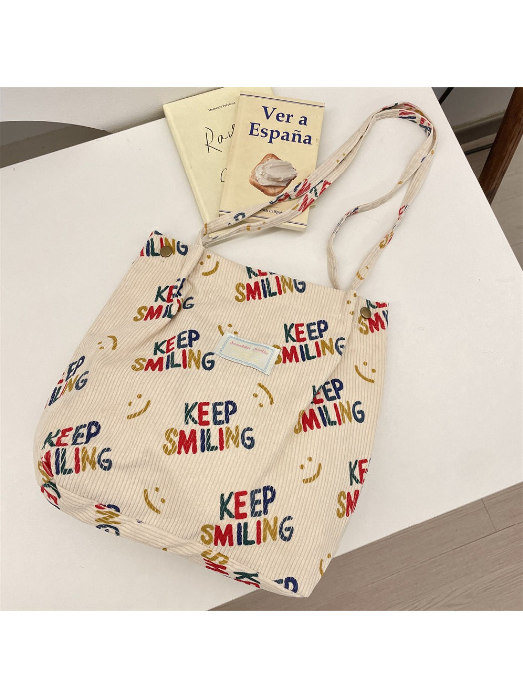 Cosbai Keep Smiling Corduroy Tote Bag with handles visible on white background