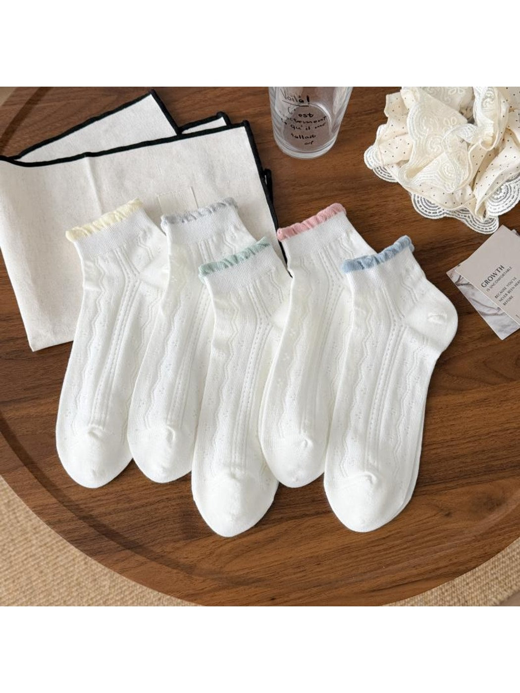 Rufia - White Tones Openwork Ruffle Ankle Socks
