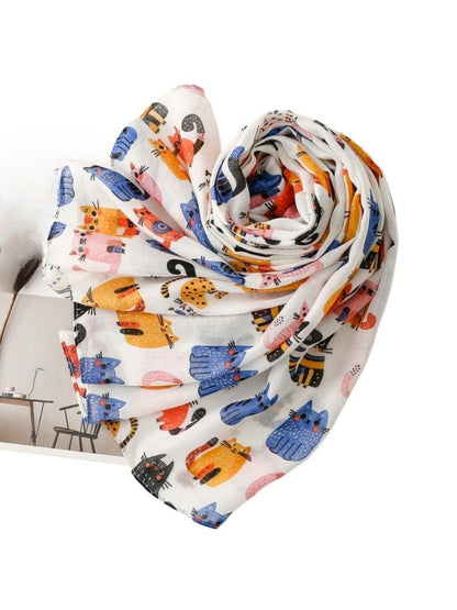 Scarvii whimsical kitty scarf spread out flat showing full cat pattern design