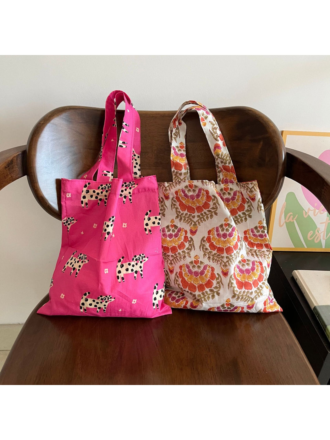 Close-up of Cosbai tote bag showing detailed colorful print and sturdy handles