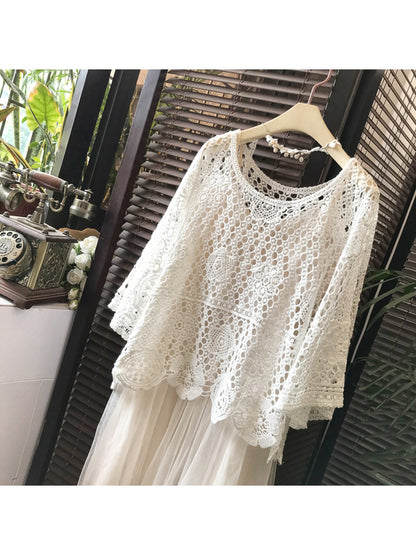 Crosa - Floral Hollow Out Long Sleeve Cover Up