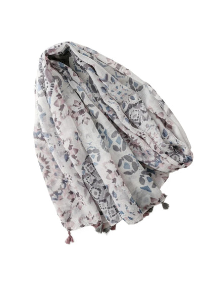 Scarvii - Neutral Watercolor Floral Tassel Wrap Scarf
