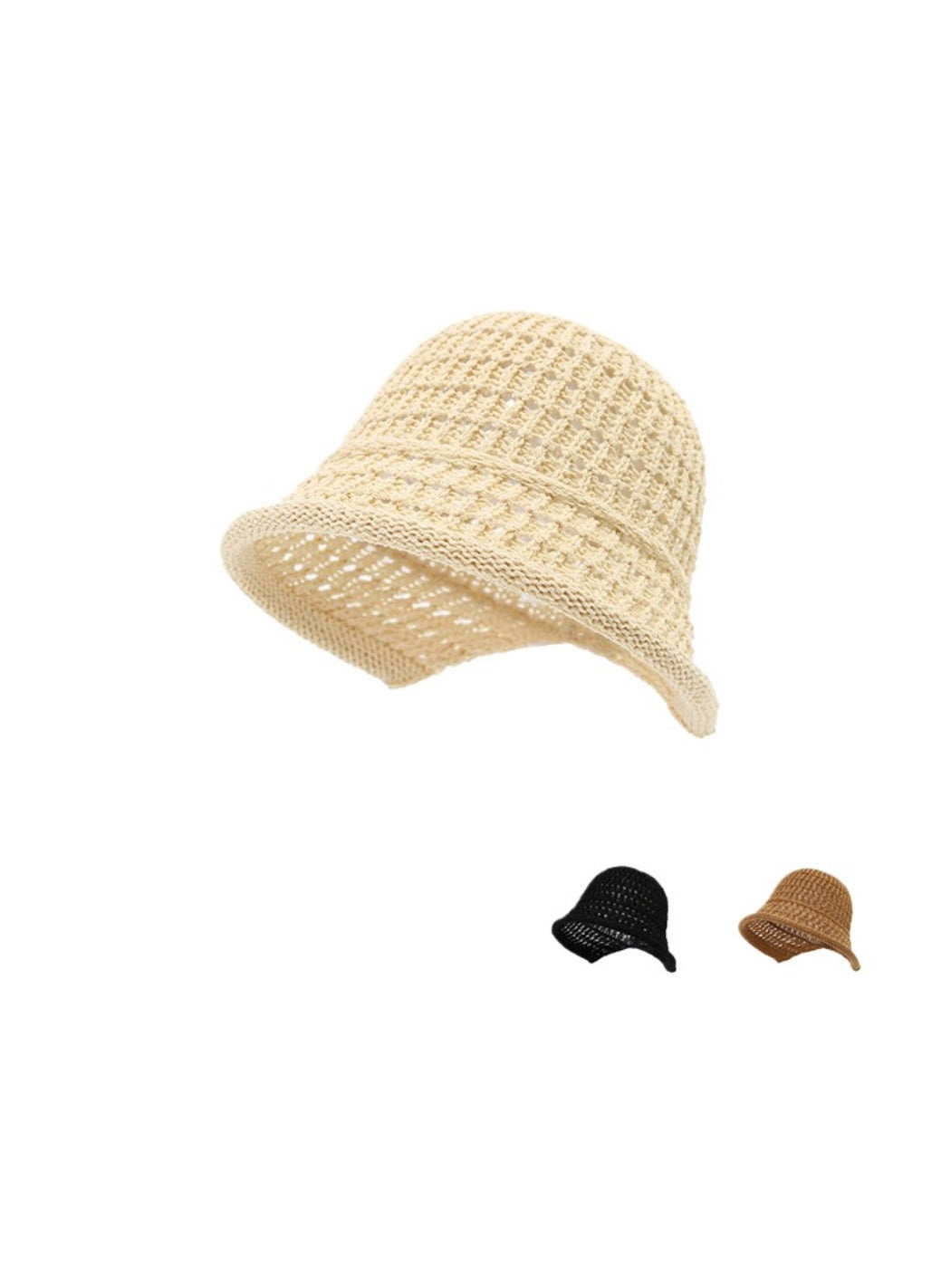 Haila open knit woven bucket hat displayed on a white background