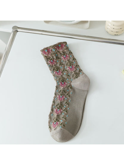 Rufia - Raised Floral Texture Crew Socks