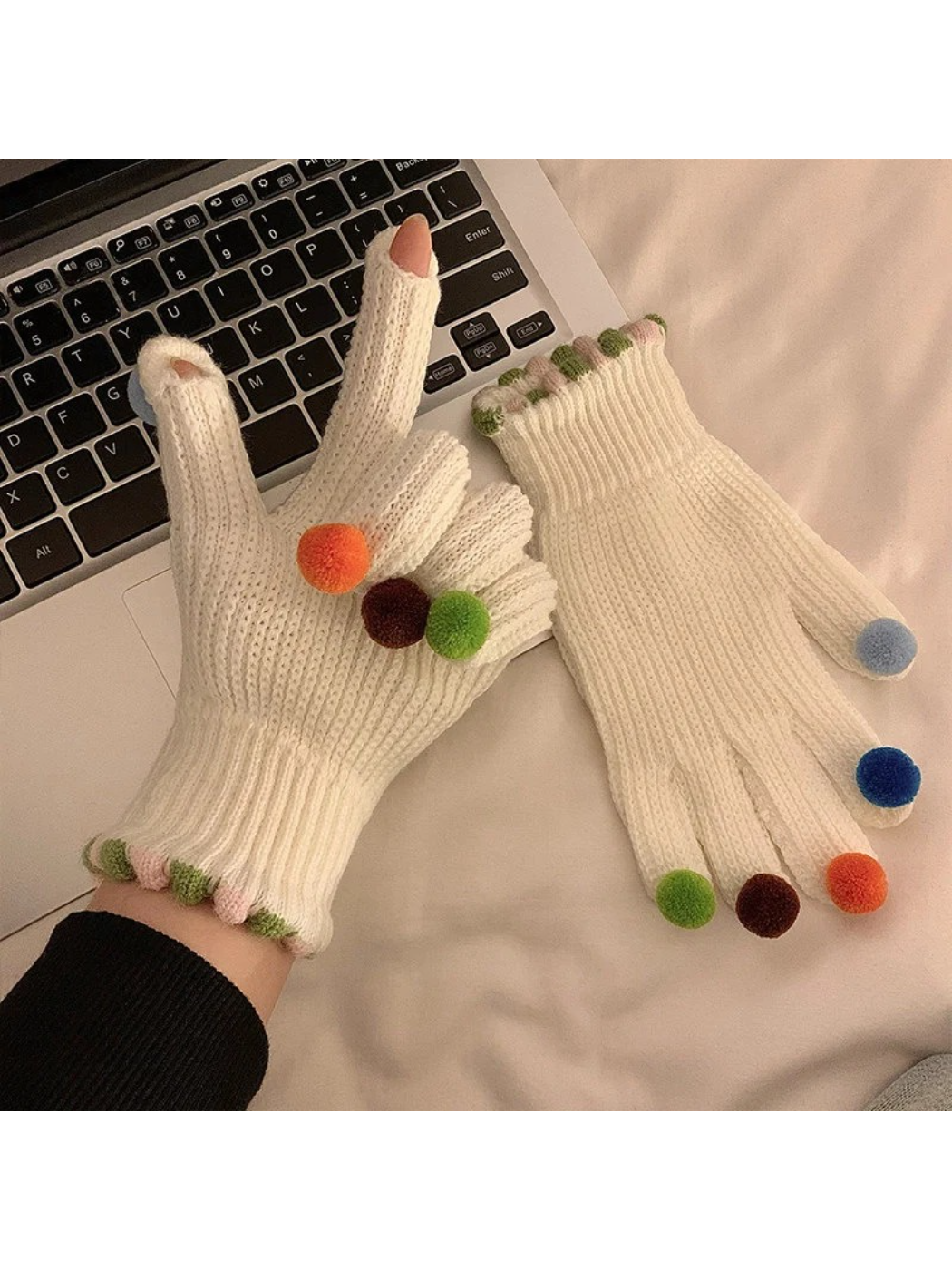 Gloving - Multicolor Pom-Pom Ribbed Gloves