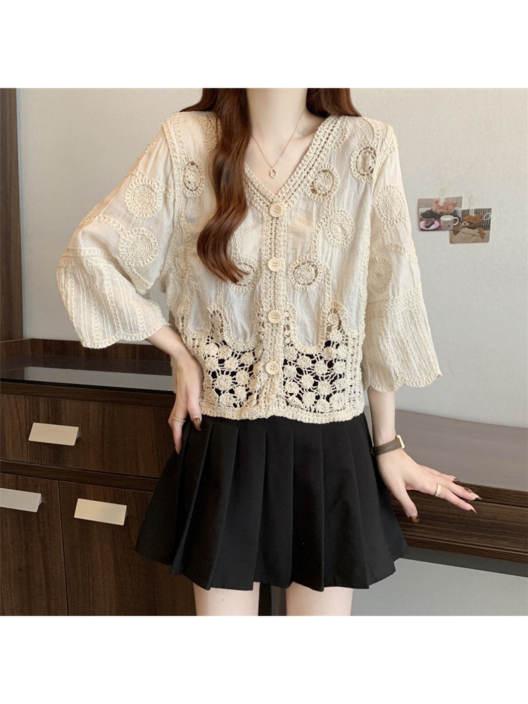 Crosa - Lace Hollow Out V Neck Knit Style Cardigan
