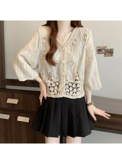 Crosa - Lace Hollow Out V Neck Knit Style Cardigan