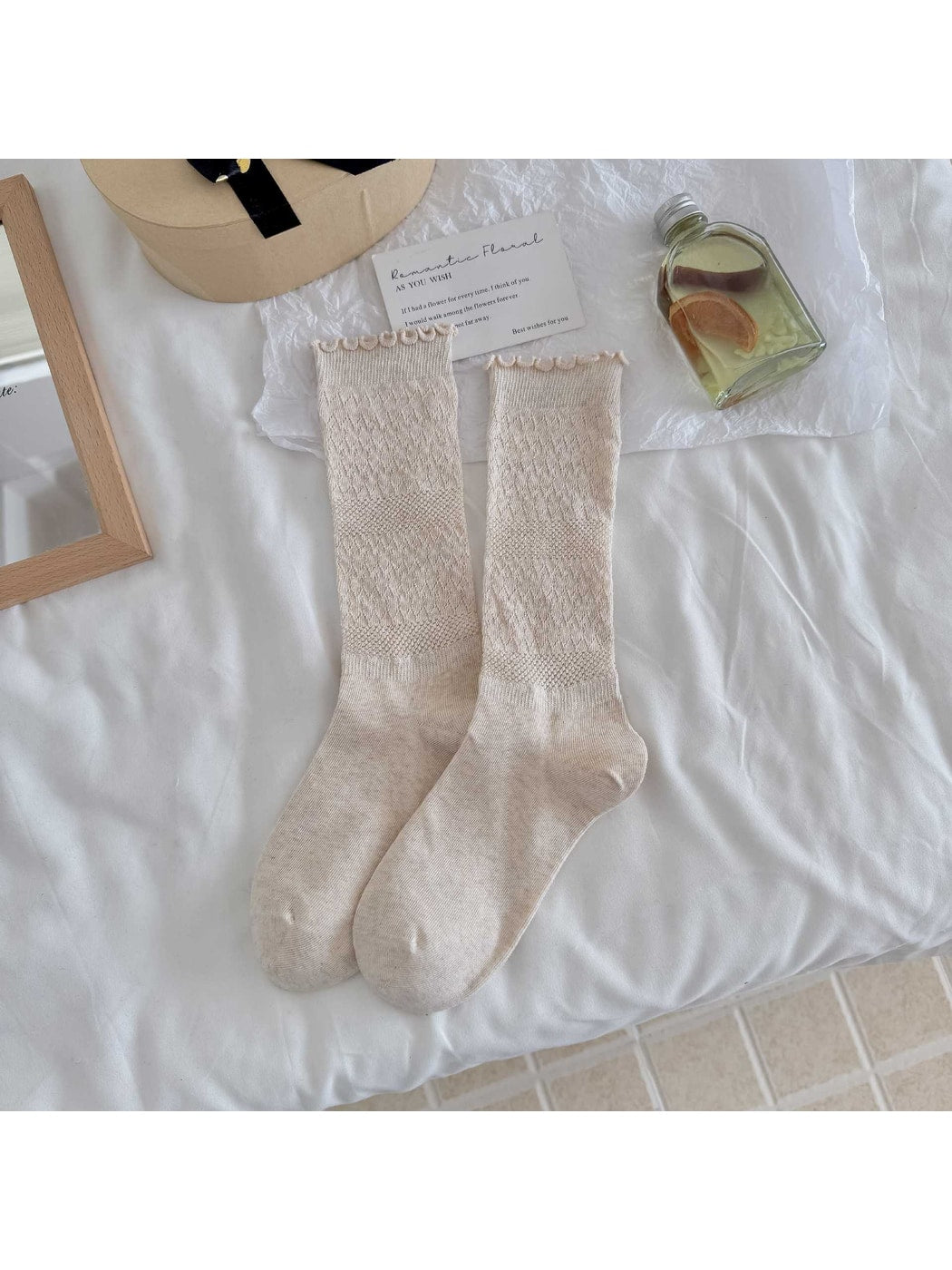 Rufia - Solid Color Ruffle Cuff Openwork Crew Socks