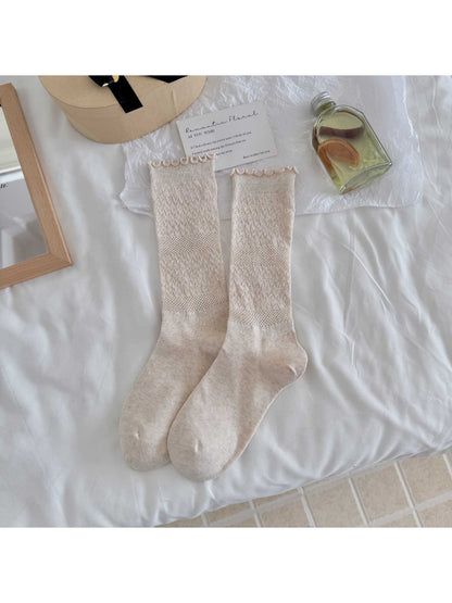 Rufia - Solid Color Ruffle Cuff Openwork Crew Socks