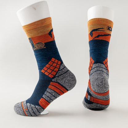 Side view of Rufia sport crew sock highlighting cushioned sole and color blocks