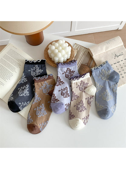 Rufia - Muted Floral Ruffle Trim Ankle Socks