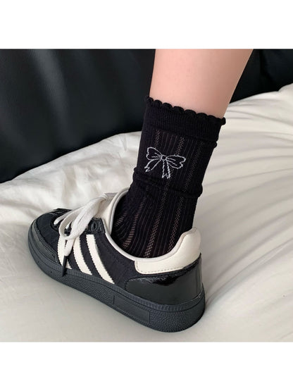 Rufia - Ribbed Mesh Bow Pattern Crew Socks