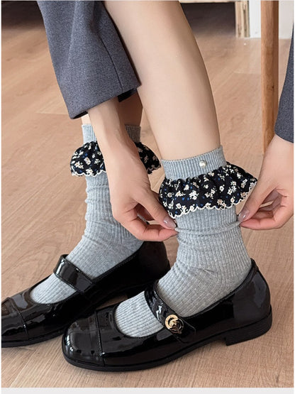 Rufia - Ruffled Floral Trim Crew Socks