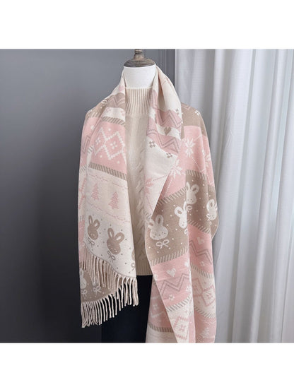 Scarvii - Cozy Bunny Motif Fringe Scarf