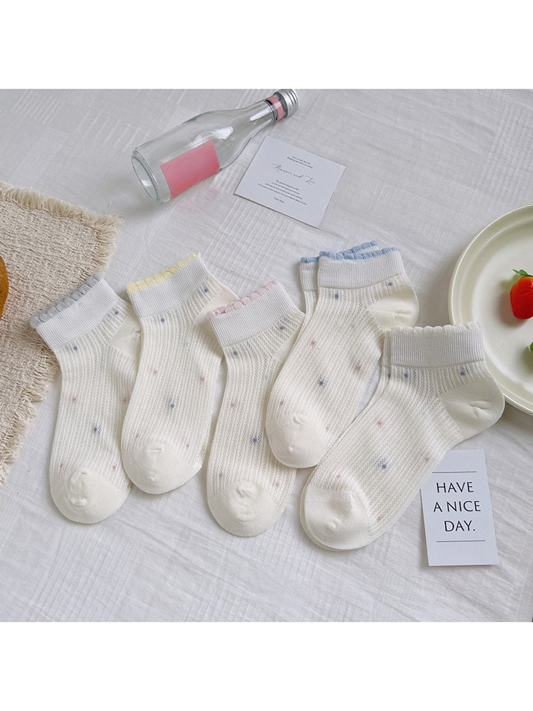 Rufia - Ribbed Dot Trim Women's Ankle Socks
