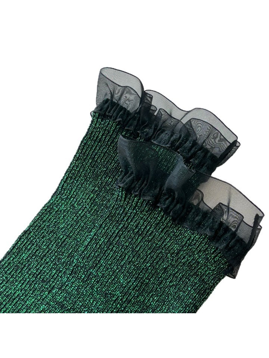 Rufia green crew sock with black ruffle cuff detail