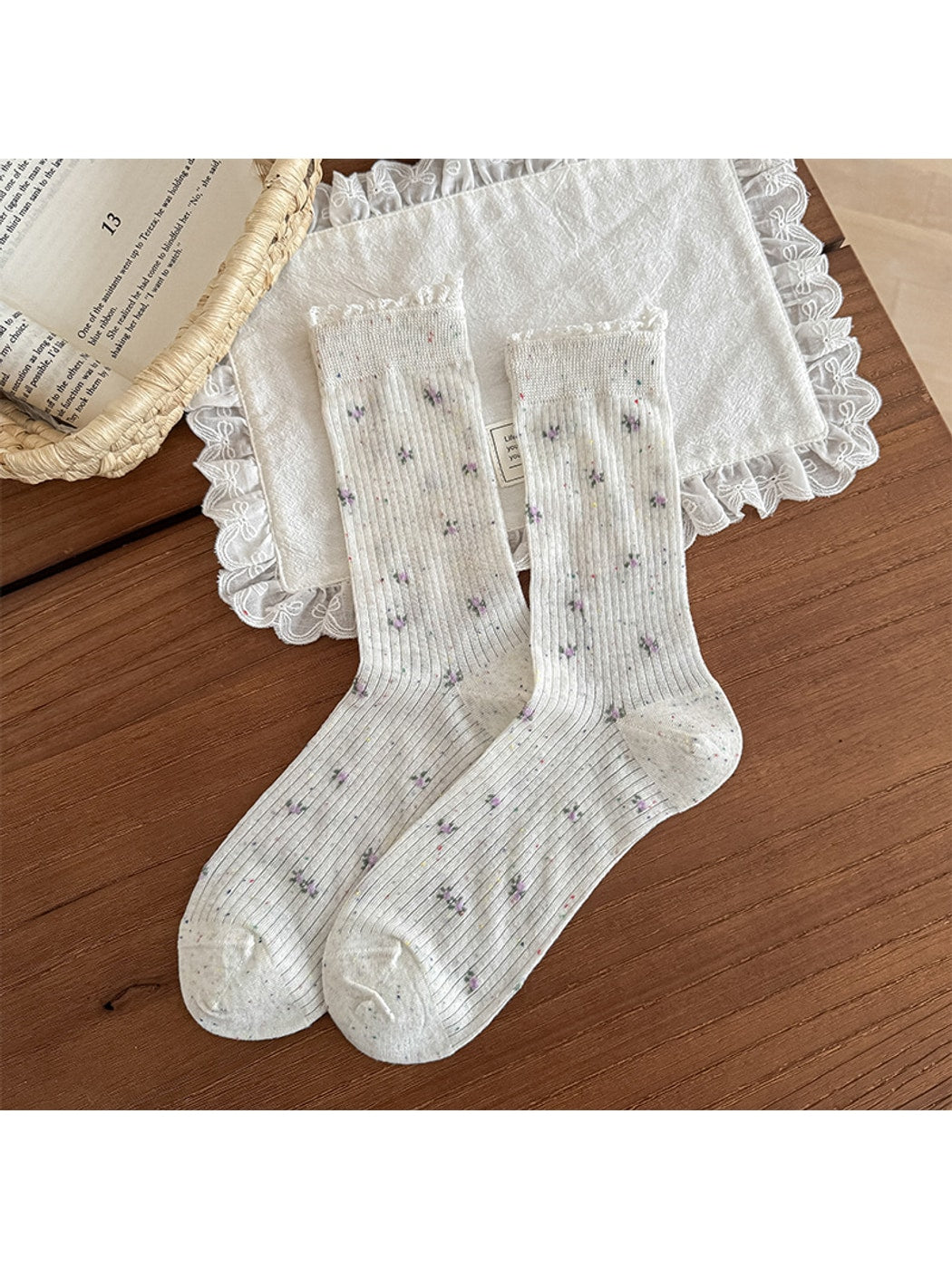 Rufia - Floral Pattern Ribbed Crew Socks