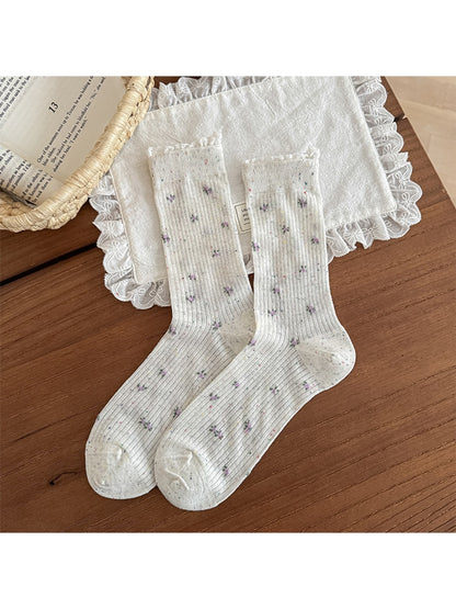 Rufia - Floral Pattern Ribbed Crew Socks