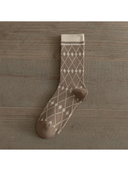 Rufia - Winter Mid-Calf Socks with Geometric & Floral Pattern