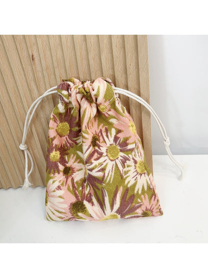 Mini portable Cosbai floral drawstring pouch with detailed flower pattern