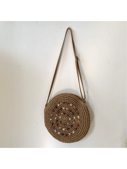 Cosbai - Round Woven Straw Crossbody Bag