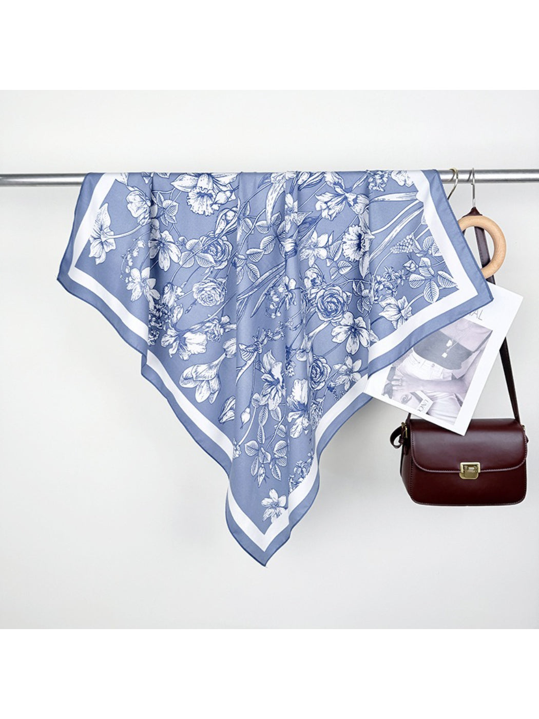 Scarvii square scarf styled as a headscarf with floral print