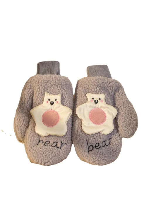 Gloving - Cartoon Bear Applique Plush Winter Mittens