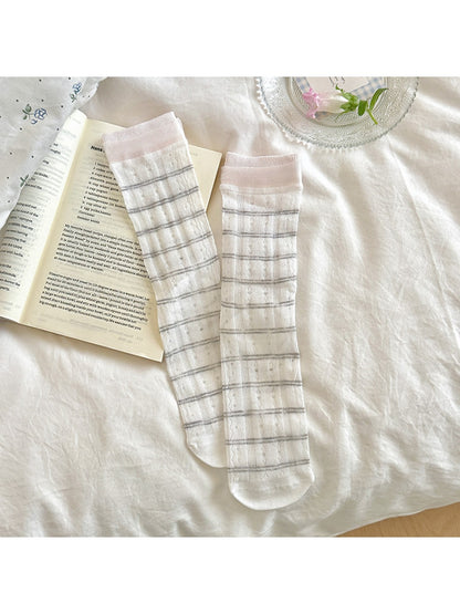 Rufia - Ruffle Cuff Bow Accent Patterned Crew Socks