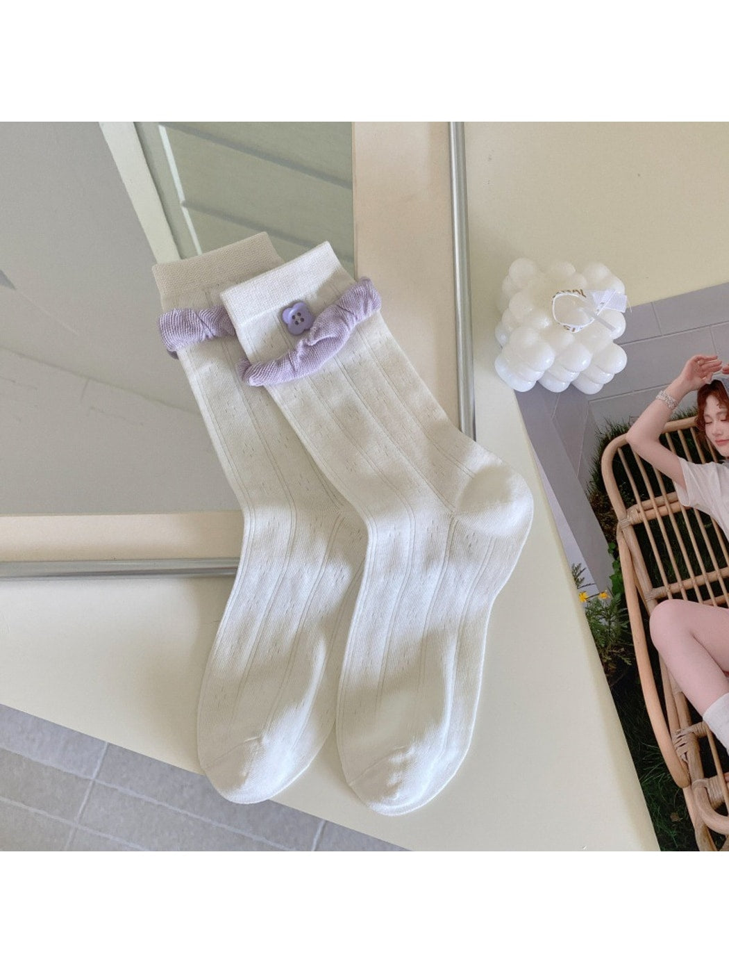 Rufia - Sweet Floral Bow Ruffle Openwork Crew Socks
