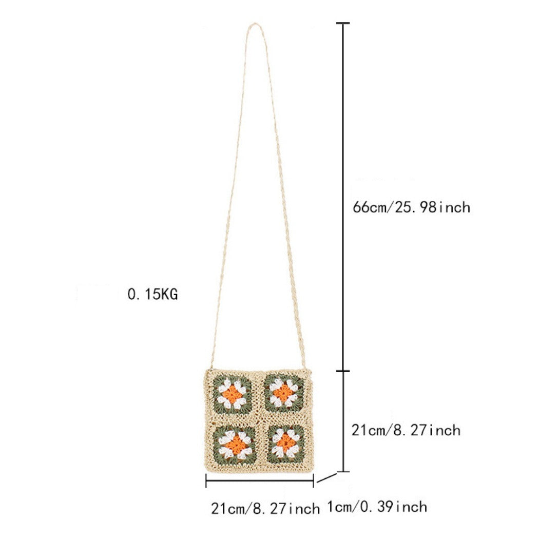 Cosbai - Boho Woven Flower Crossbody Bag With Zipper