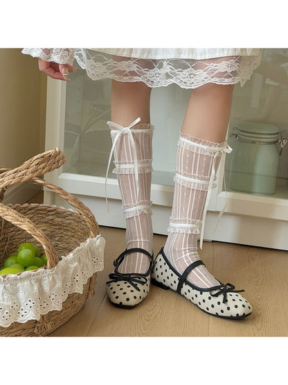Rufia - Bow Detail Lace Trim Sheer Mid-calf Socks
