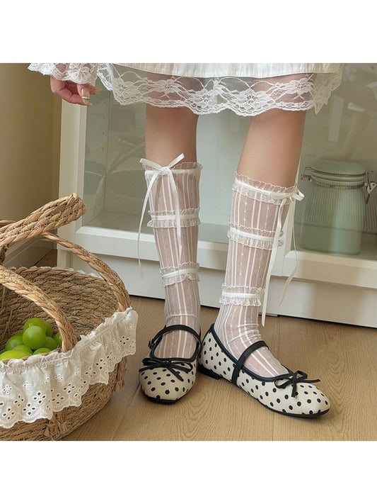 Rufia - Bow Detail Lace Trim Sheer Mid-calf Socks
