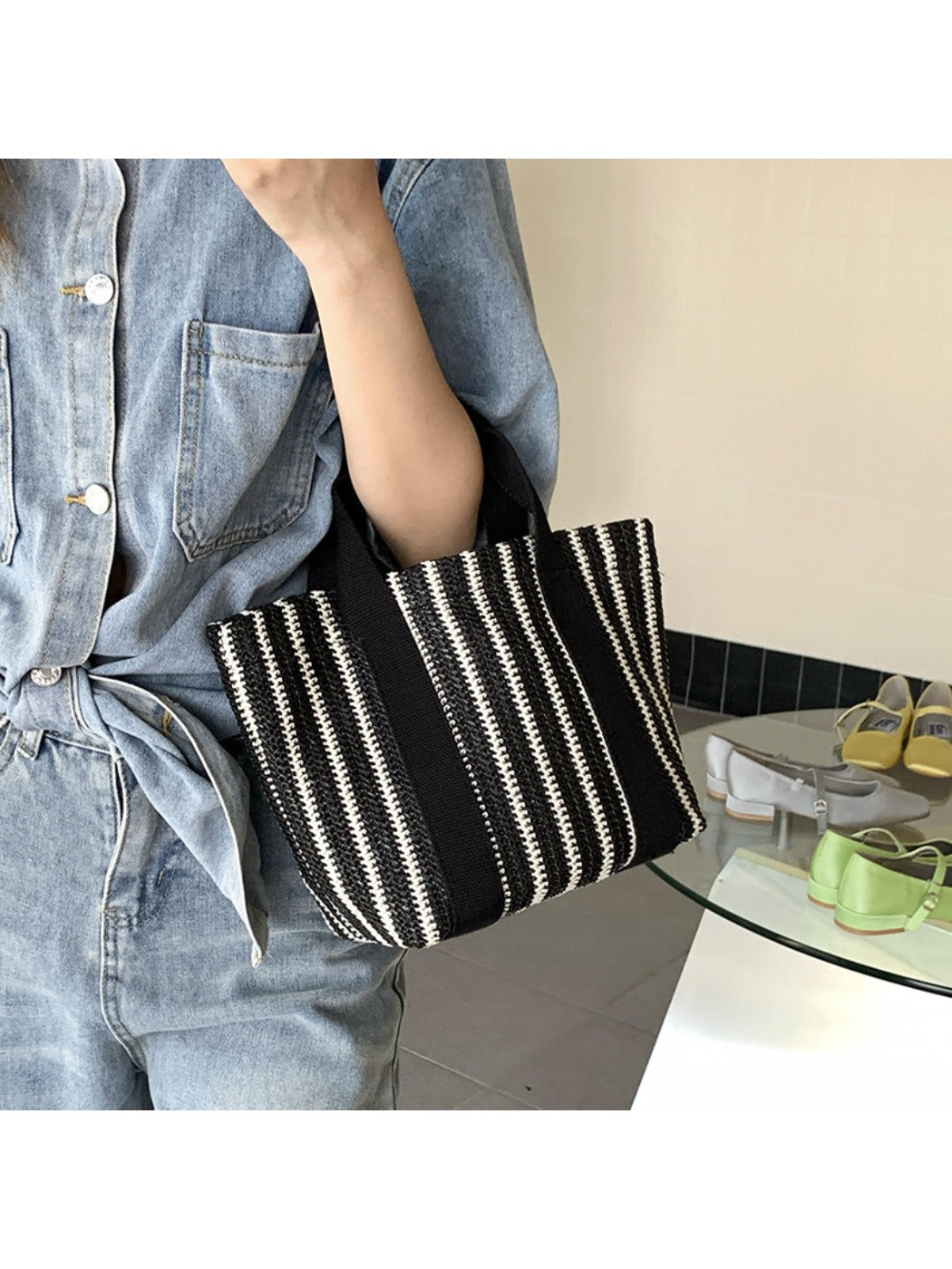 Cosbai - Striped Woven Tote & Handbag