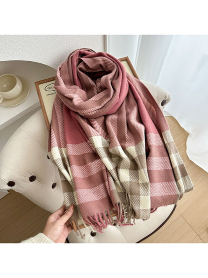 Scarvii - Checked Colorblock Tassel Shawl Scarf